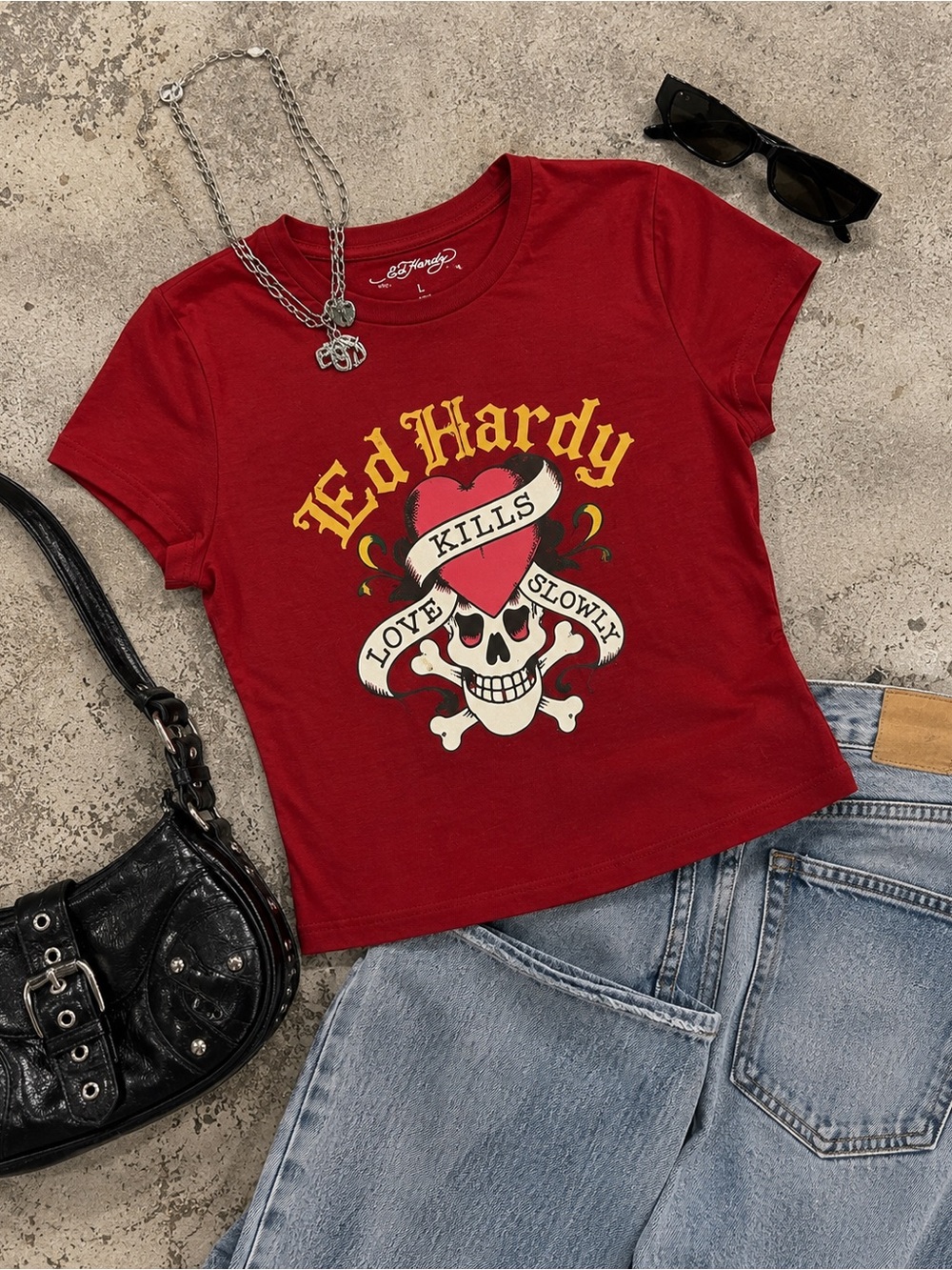 Ed Hardy Love Kills Slowly Skull Graphic Baby Tee Crop Top L